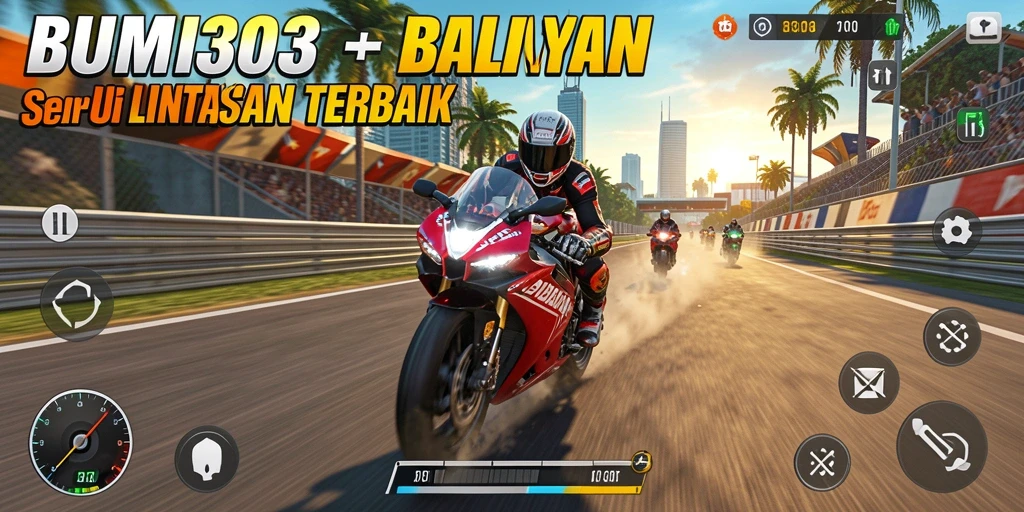 Tampilan gameplay utama BUMI303 dengan balapan motor yang mendebarkan.