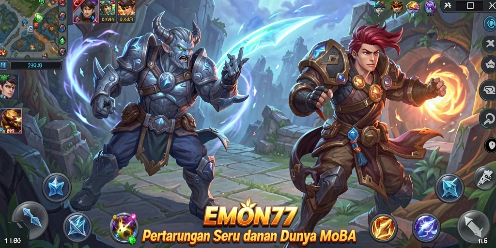 Screenshot EMON77 menampilkan aksi seru dalam gameplay MOBA.