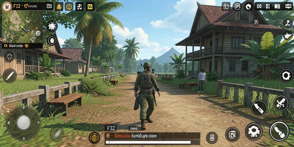 Tampilan gameplay F32 dengan berbagai interaksi karakter.