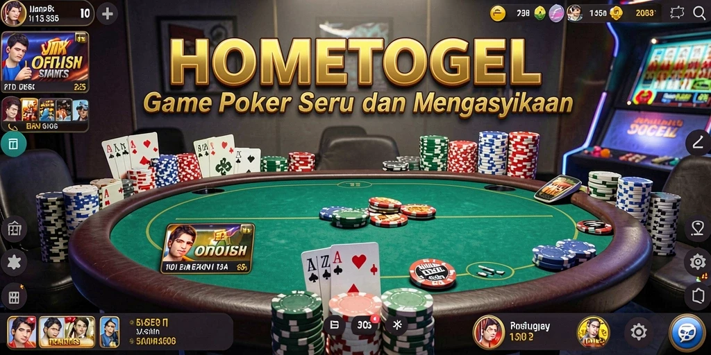 Screenshot menunjukkan gameplay seru dari HOMETOGEL dengan suasana poker yang nyata.