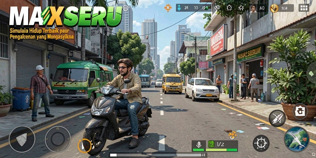 Tampilan gameplay MAXSERU yang menarik dan interaktif dalam dunia simulasi.